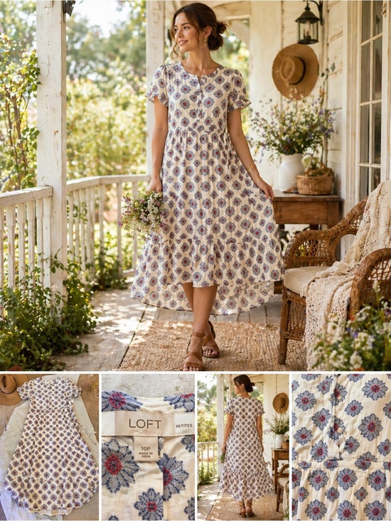Dresses & Skirts - LOFT Petite Cottagecore Prairie Dress Floral Tiered Boho Cream Blue Red Size 10P